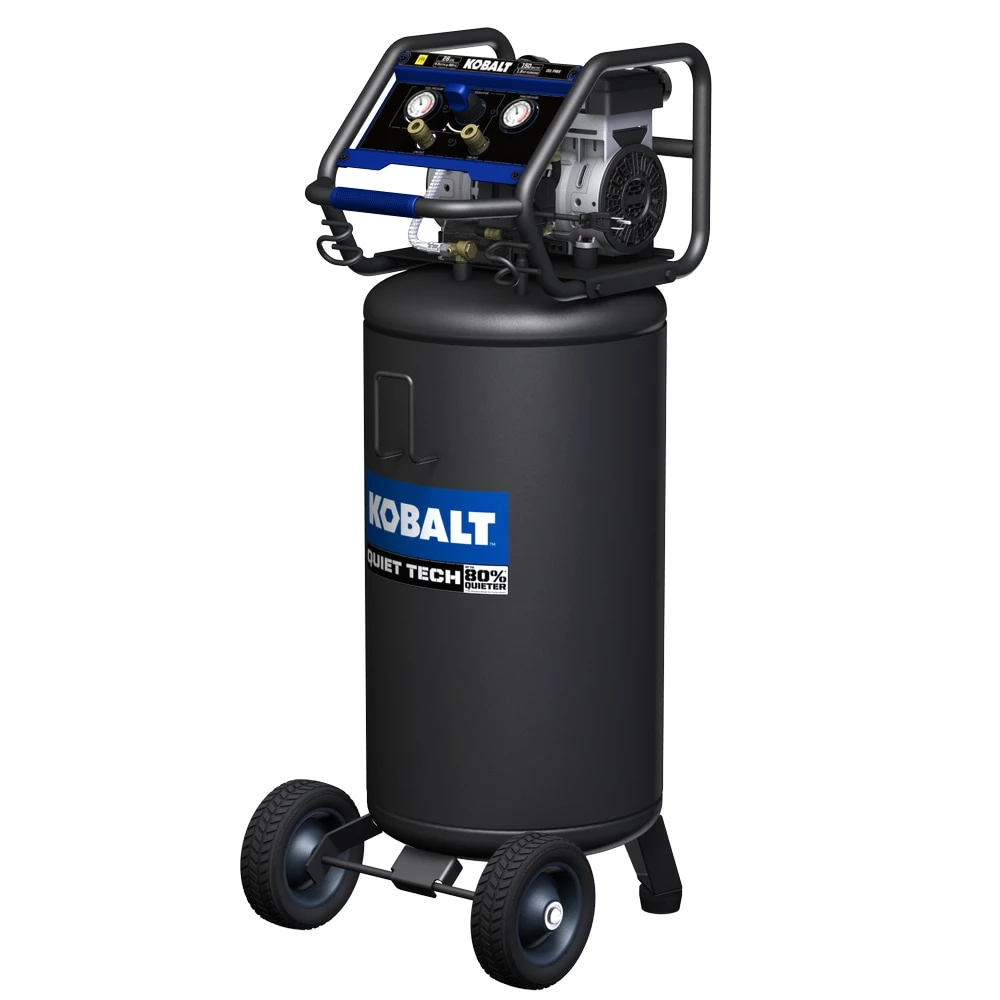Kobalt Air Compressors Quiet Tech 26-Gallon Single Stage Portable Corded Electric Vertical Air Compressor 1 Kobalt Air Compressors Quiet Tech 26-Gallon Single Stage Portable Corded Electric Vertical Air Compressor