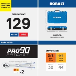 Kobalt Mechanics Tool Sets 129-Piece Standard (SAE) and Metric Combination Polished Chrome Mechanics Tool Set (1/4-in; 3/8-in) -Kobalt Sales Shop 17783413 scaled